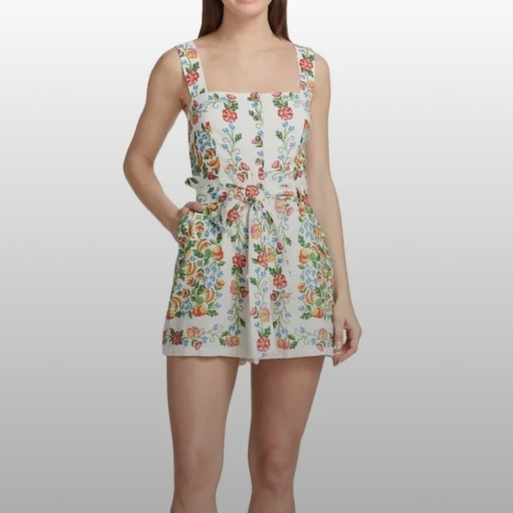 Farm Rio Linen Floral Print Square Neckline Romper